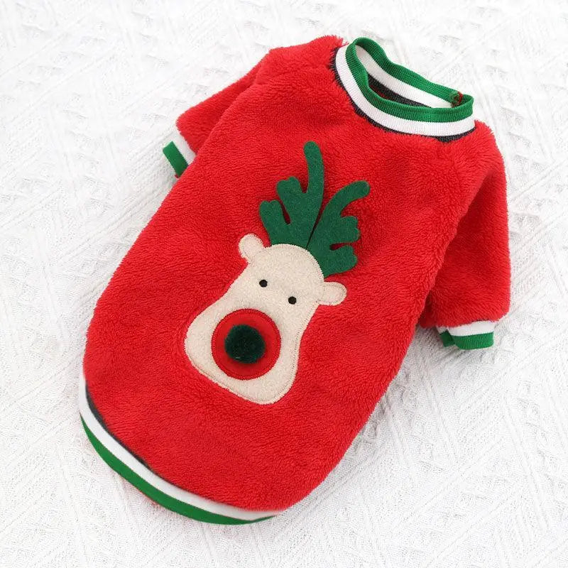 Red Cozy Canine Christmas Sweater with reindeer design and green-white striped trim for dogs