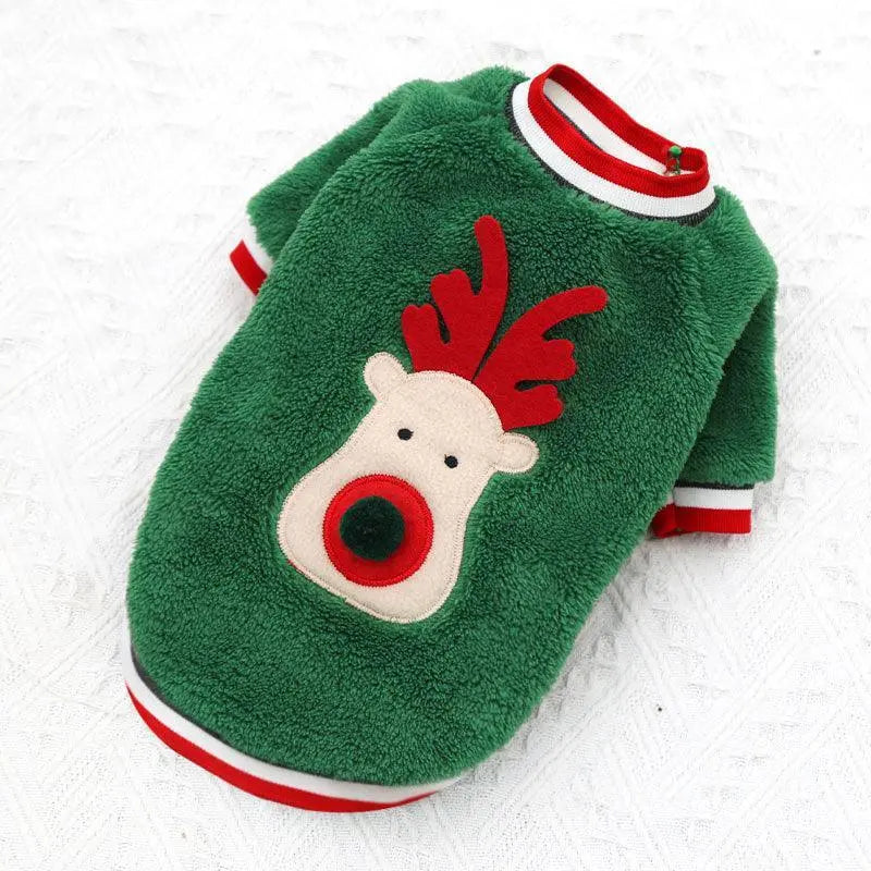 Green Cozy Canine Christmas Sweater with reindeer design and red white trim for pets