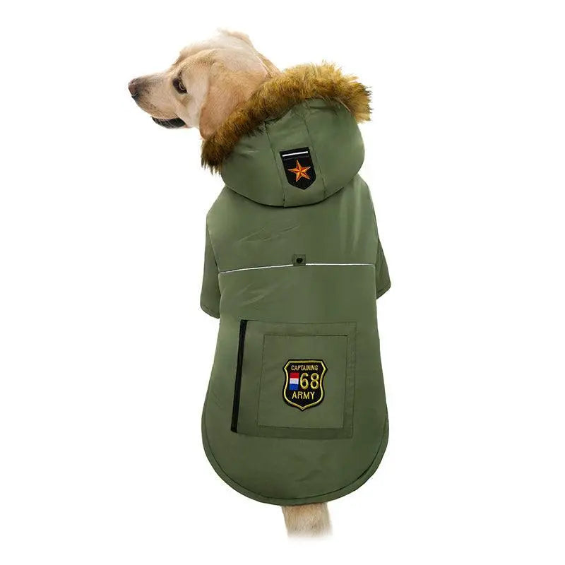 Large dog wearing an army green Cozy Canine Cotton Jacket with fur-lined hood and patch details