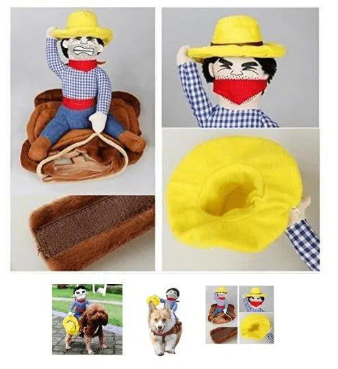 Cozy Cotton Canine Attire dog costume with yellow hat and brown saddle accessory for pet fashion and comfort