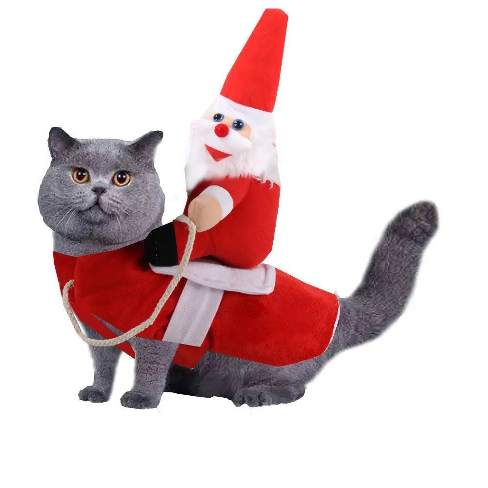 cat wearing red Cozy Cotton Canine Attire with Santa Claus riding doll on back