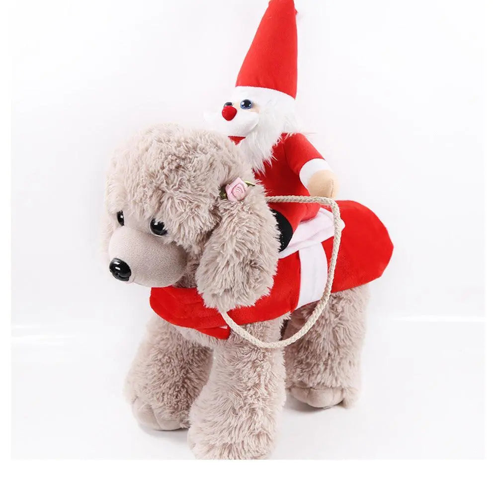 plush dog wearing red riding equipment style Cozy Cotton Canine Attire with Santa rider decoration