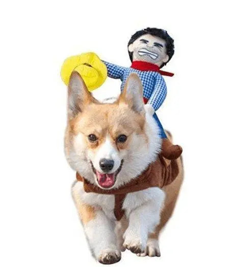 Dog wearing Cozy Cotton Canine Attire with riding equipment color and cowboy doll accessory