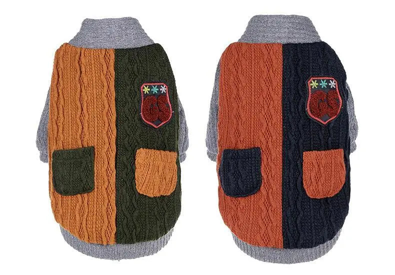 Cozy Cotton Dog Sweater with color-block design, cable knit texture, and embroidered patch, available in two color variations.
