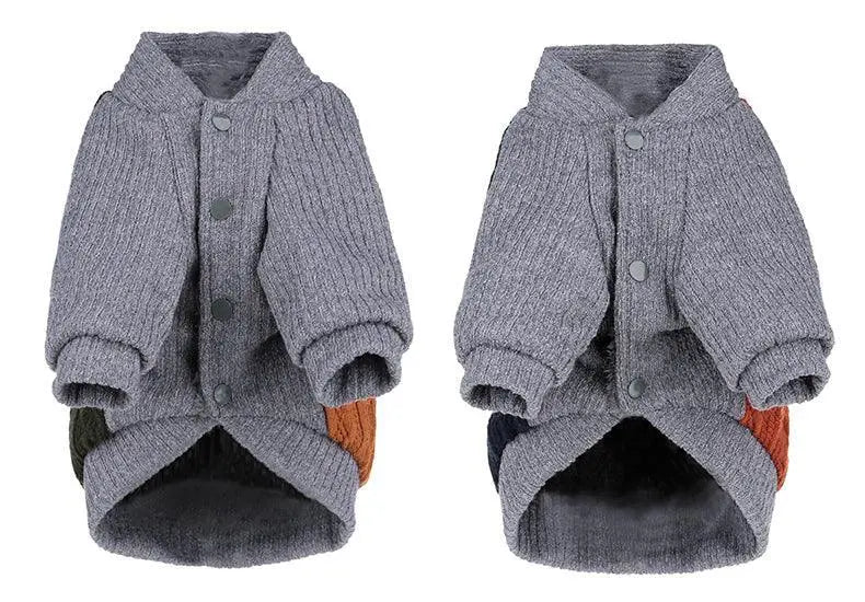 Gray cozy cotton dog sweater with button closure and ribbed knit design