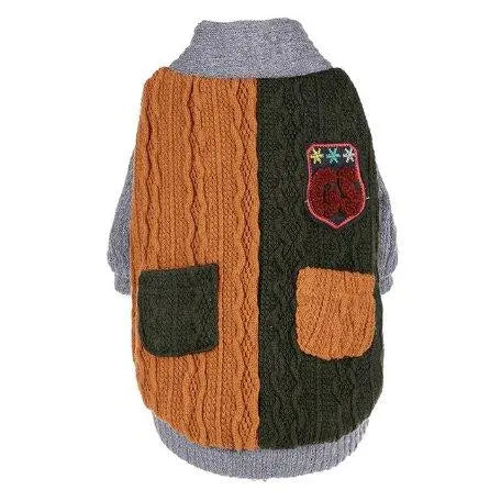 Cozy cotton dog sweater in orange and dark green with pockets and patch emblem