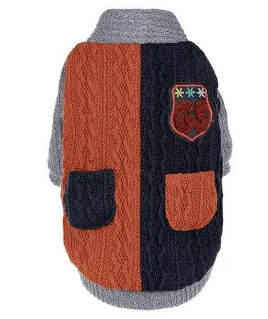 Cozy Cotton Dog Sweater in orange and navy with pockets and embroidered patch, warm knit fabric for pets