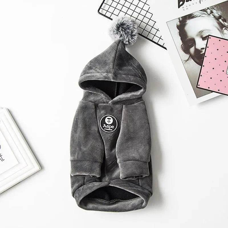 grey cozy pet hoodie with pom-pom hood and Aape logo for small dogs