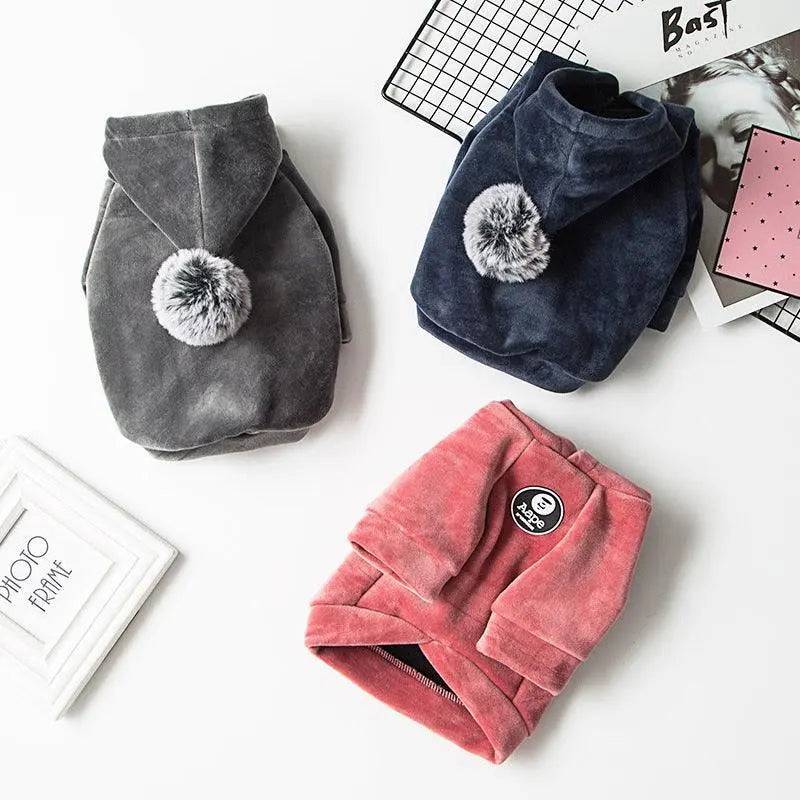 Cozy Pet Hoodie in red, navy blue, and grey with pom-pom hood, soft fabric sweater for small to extra-large pets
