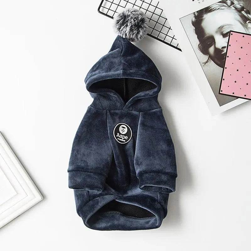 navy blue cozy pet hoodie with pom pom hood for dogs