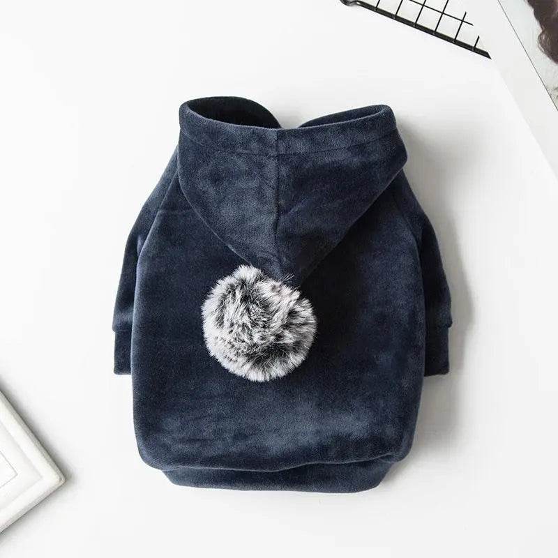 navy blue cozy pet hoodie with fluffy pom pom on hood for small dogs and cats