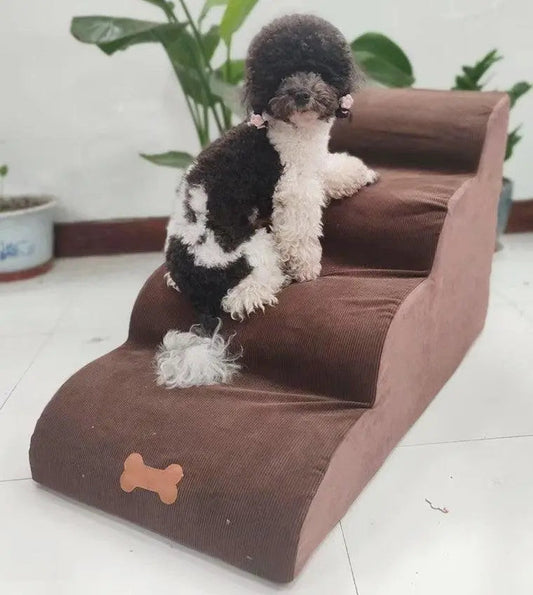 Small black and white dog climbing CozyStep removable washable brown pet sponge ladder stairs