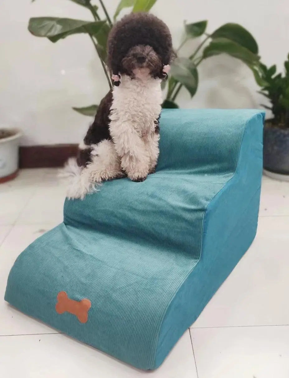 Small dog sitting on blue CozyStep removable washable sponge pet ladder stairs with bone decoration