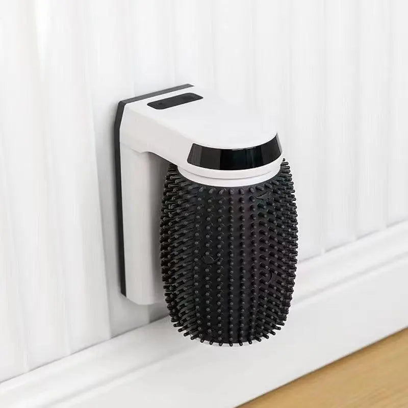 Ultimate Cat Spa Corner Groomer self-grooming cat brush with black bristles and white ABS body mounted on wall corner