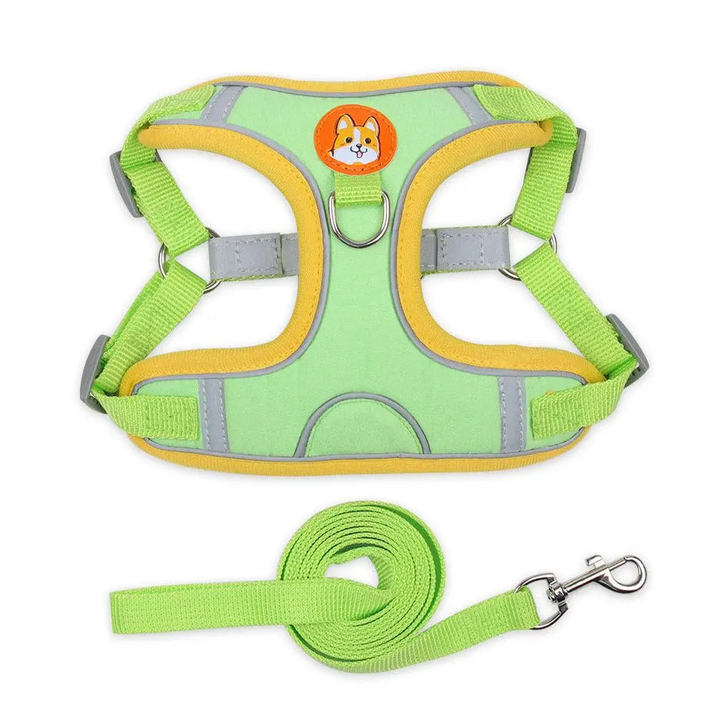 Reflective breathable pet harness in green with leash, soft padded design for comfort and safety