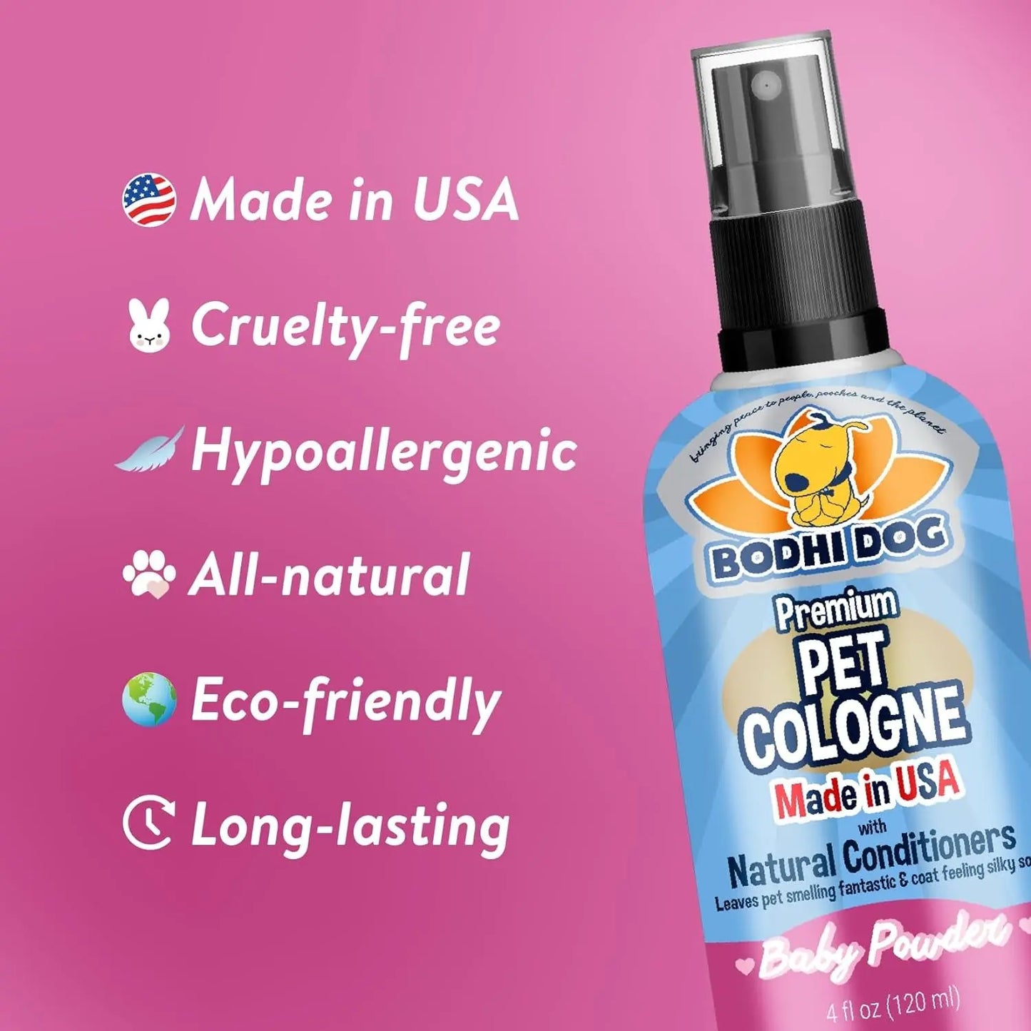 Bodhi Dog Natural Dog Cologne - Refreshing Baby Powder Scented Deodorizing Spray & Conditioner for Dogs and Cats - Safe, Gentle Formula for All Pets - 4 Fl Oz Made in USA Bodhi Dog