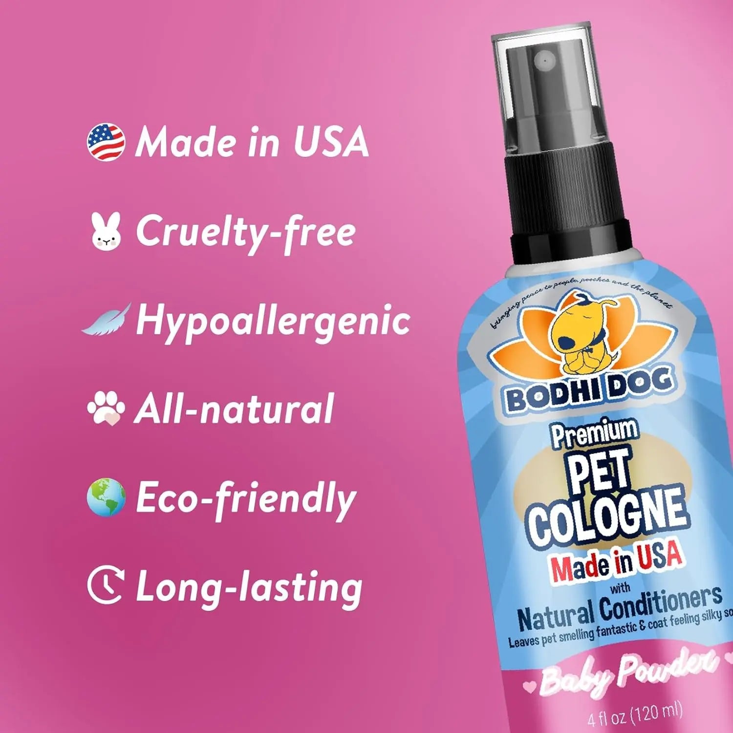Bodhi Dog Natural Dog Cologne - Refreshing Baby Powder Scented Deodorizing Spray & Conditioner for Dogs and Cats - Safe, Gentle Formula for All Pets - 4 Fl Oz Made in USA Bodhi Dog