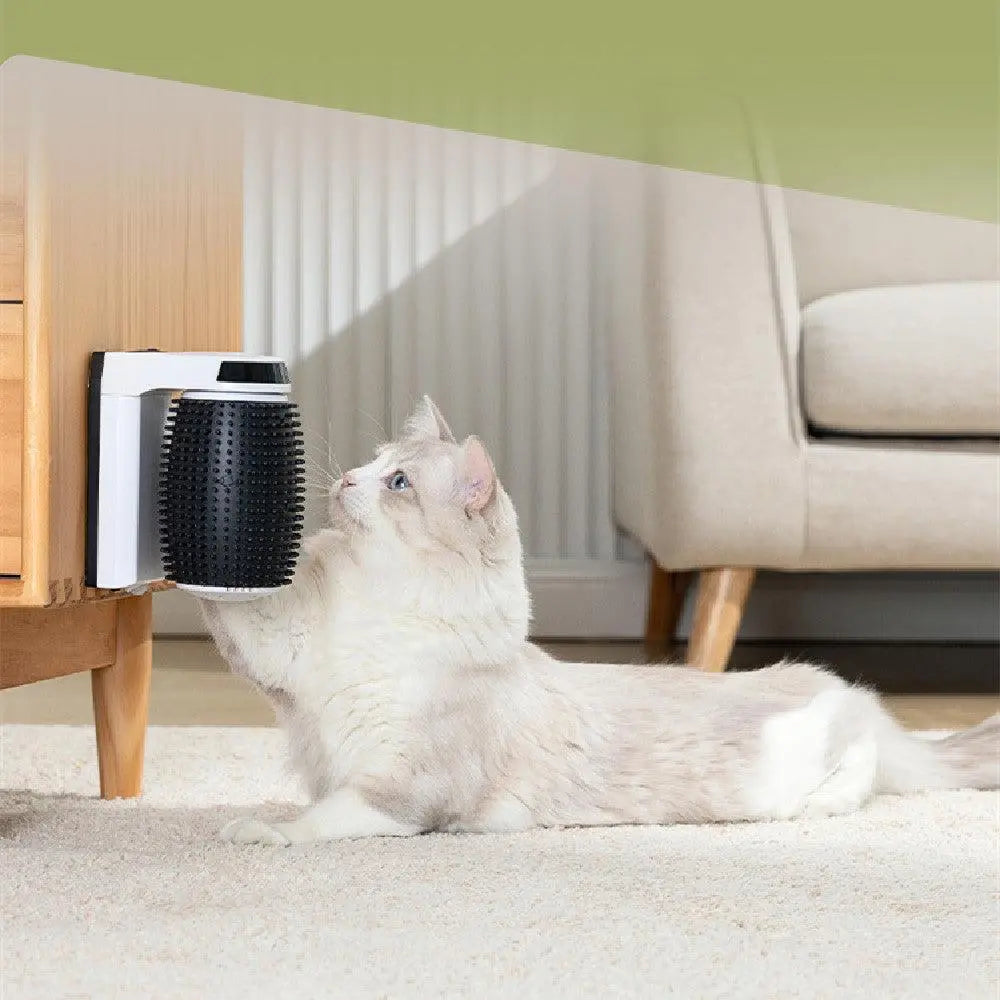 Cat using the Ultimate Cat Spa Corner Groomer self-grooming brush mounted on furniture in living room