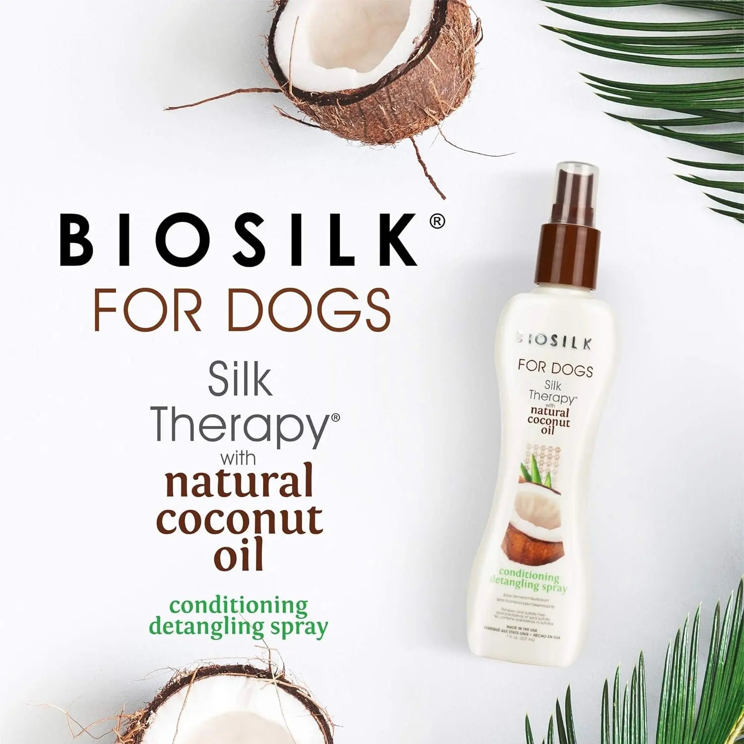 Transform Your Dog's Coat with BioSilk Silk Therapy Conditioning Detangling Spray - Natural Coconut Oil for Silky Smooth Fur, 7 Fl Oz Fetch for Pets