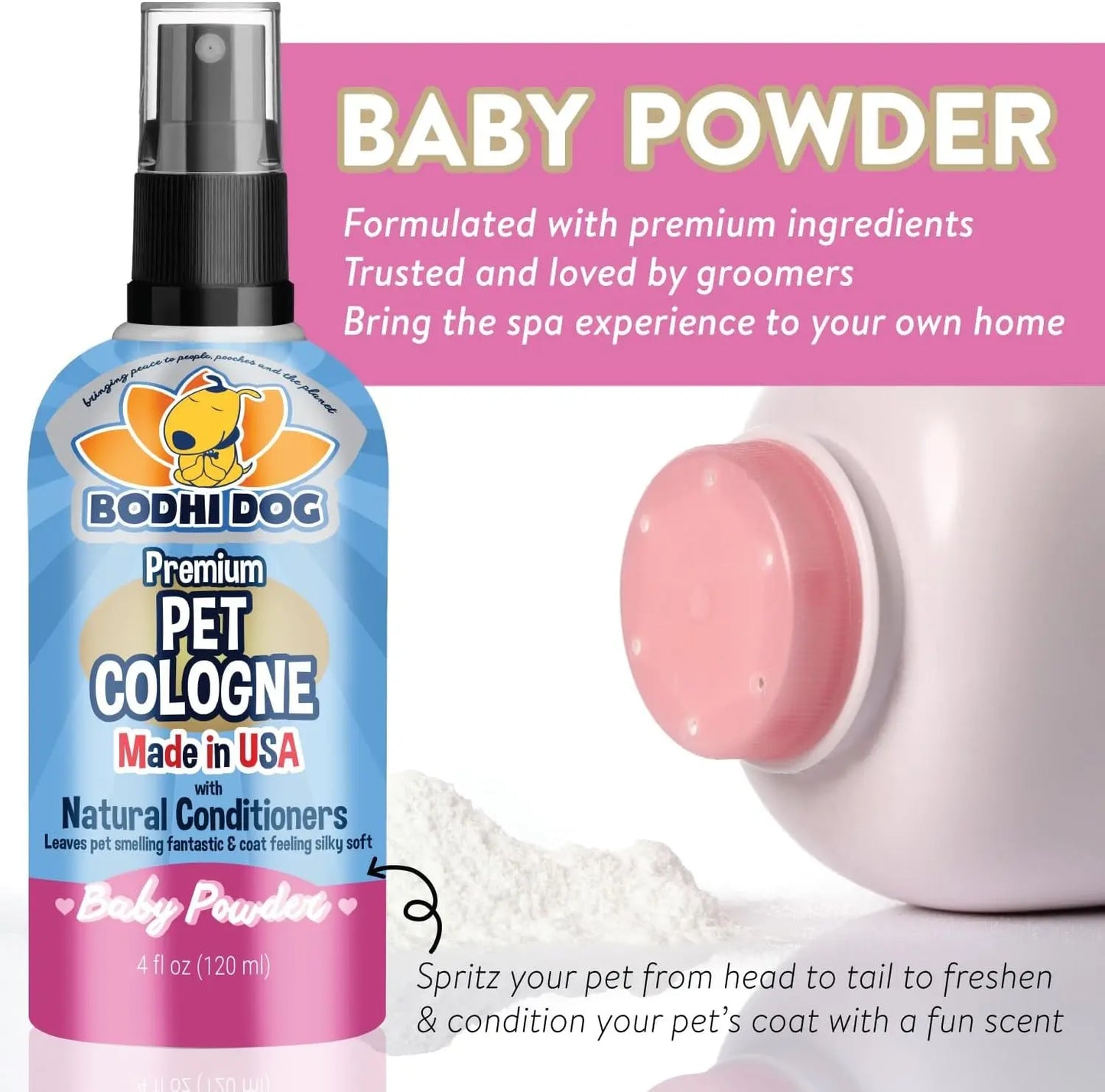 Bodhi Dog Natural Dog Cologne - Refreshing Baby Powder Scented Deodorizing Spray & Conditioner for Dogs and Cats - Safe, Gentle Formula for All Pets - 4 Fl Oz Made in USA Bodhi Dog