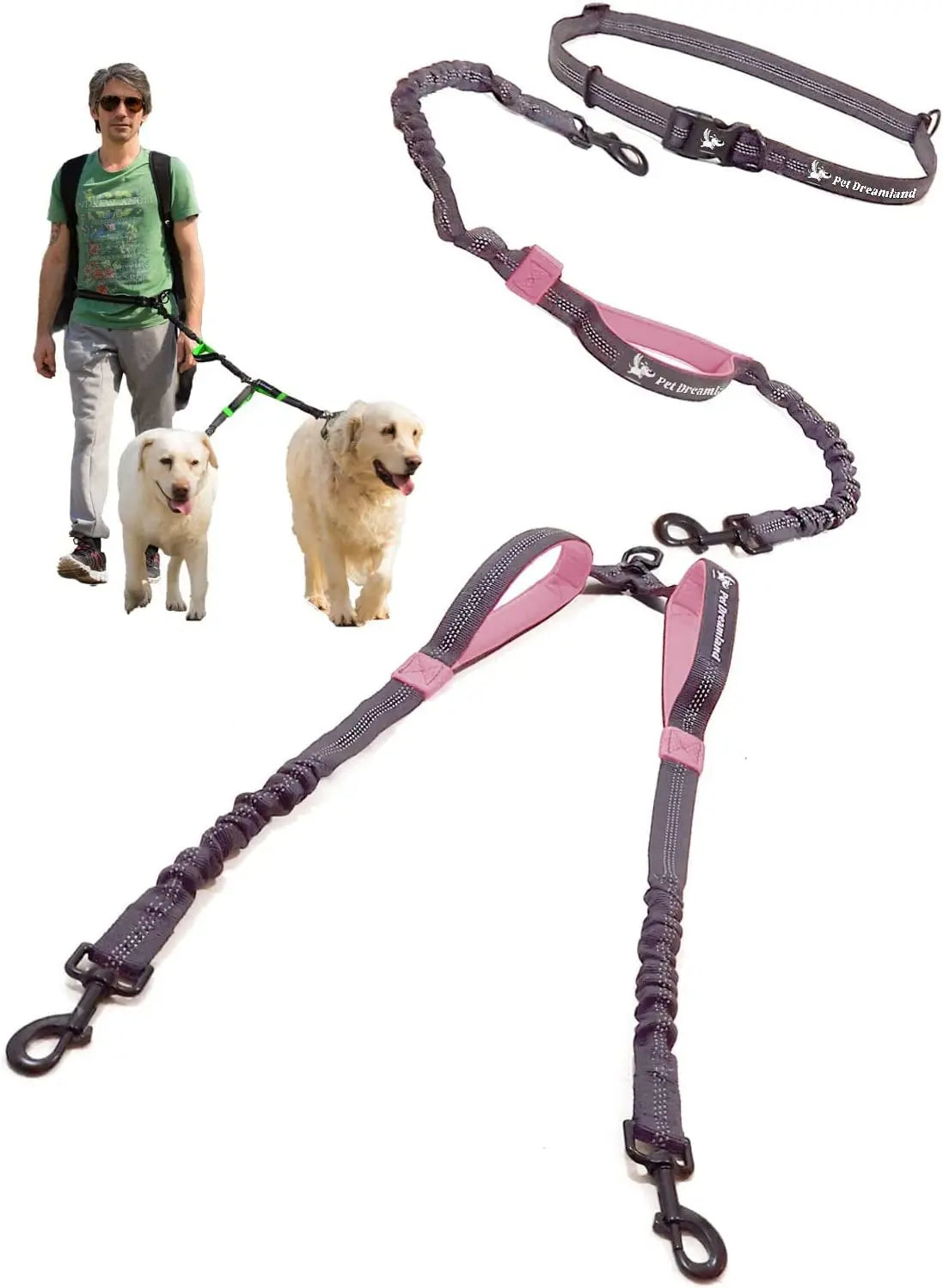 Unleash the Fun: Pet Dreamland's Hands-Free Double Dog Leash for Your Dynamic Duo (Dark Grey & Pink) – Perfect for Jogs, Walks, and Shenanigans! Pet Dreamland