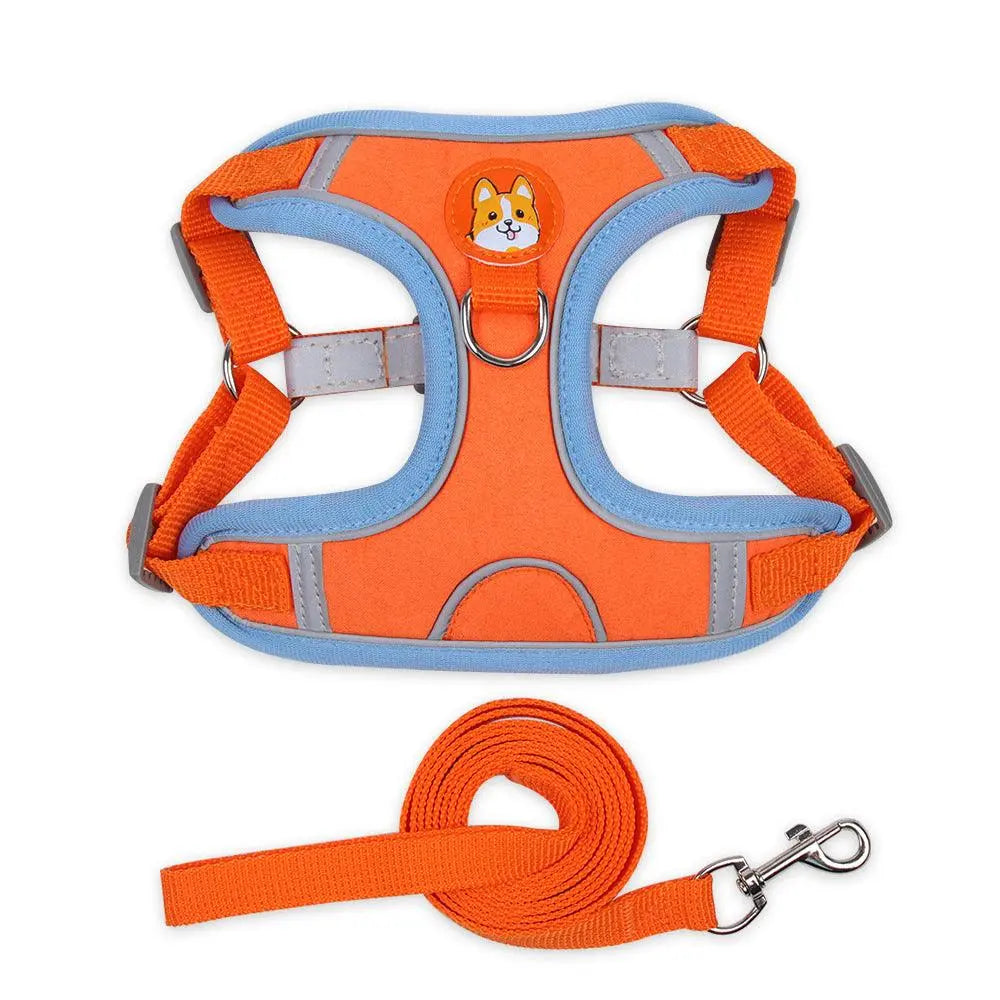 Orange reflective breathable pet harness with leash and dog face emblem