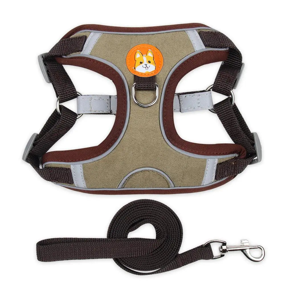 Reflective breathable pet harness in brown with adjustable straps and matching leash for comfortable dog walking safety