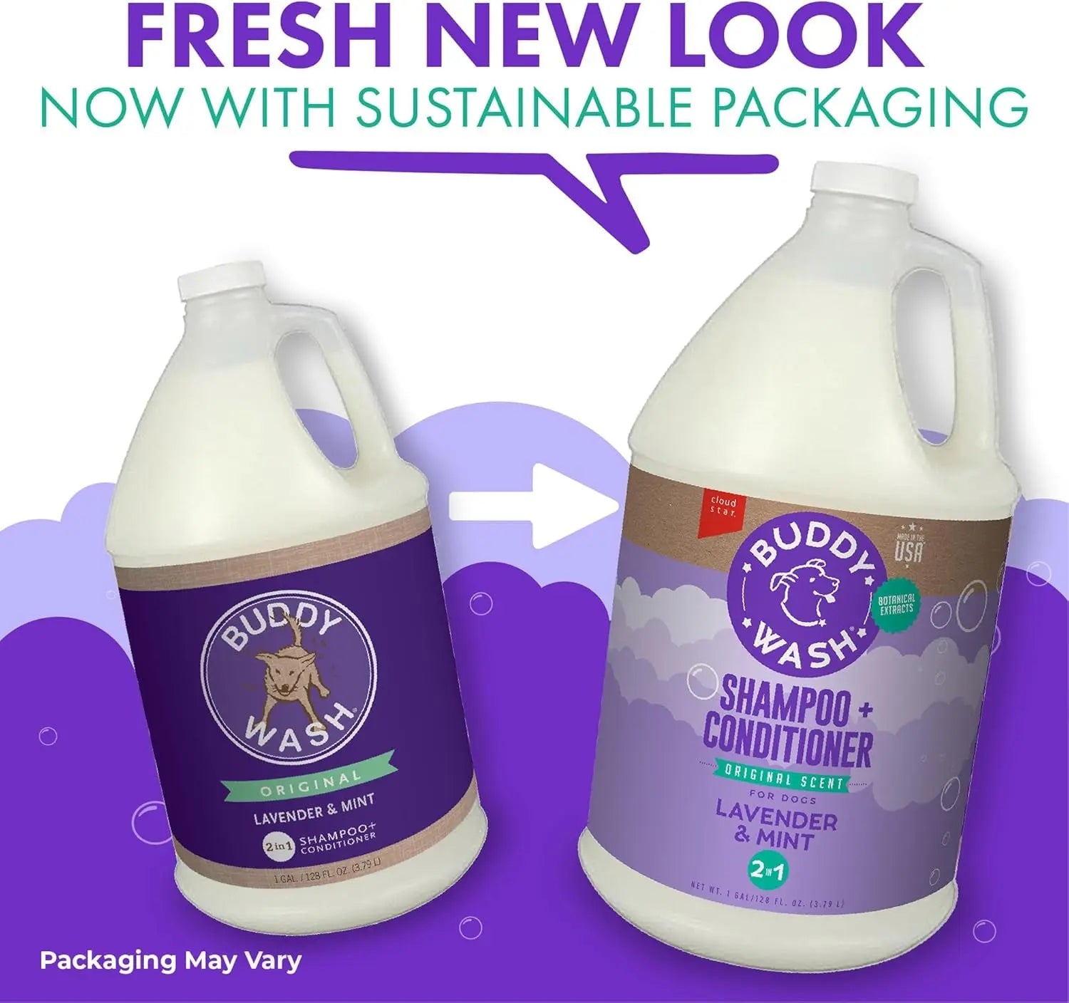 Buddy Wash 2-In-1 Dog Shampoo and Conditioner for Dog Grooming, Lavender & Mint, 1 Gal. Bottle Excel Pets