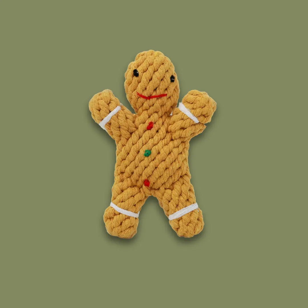 Gingerbread Man Rope Toy for pets in festive holiday design